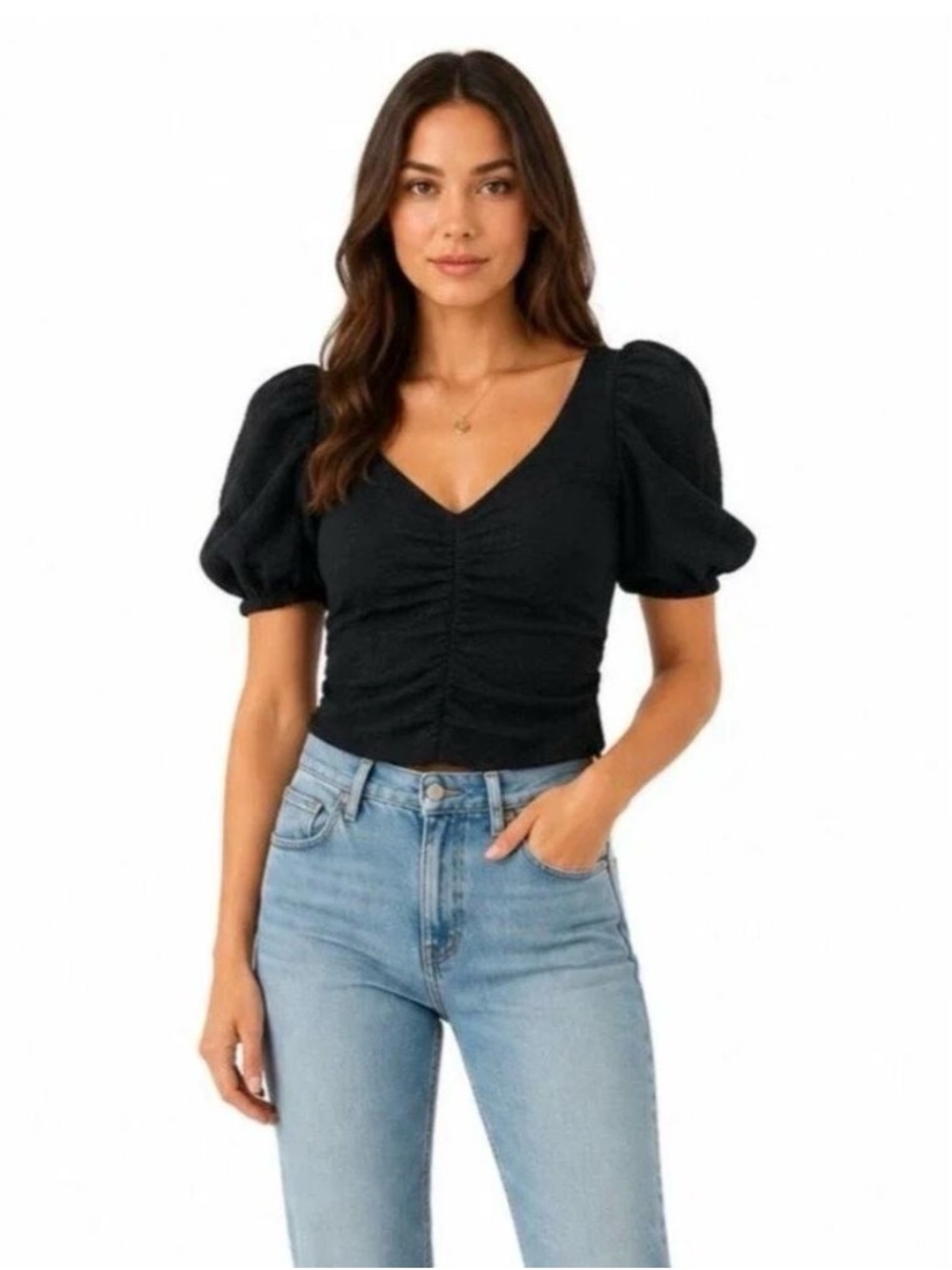 Free People Women’s Blouse Cupcake Black Puff-Sleeve Textured V-Neck Ruched Top